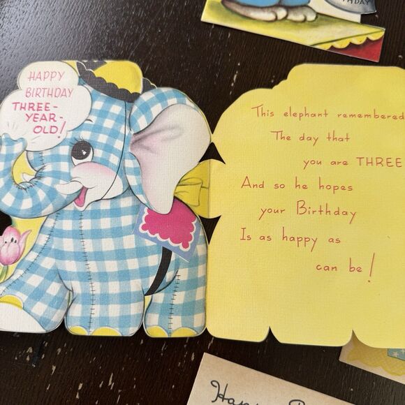 Vintage Birthday Cards Lot Of 8 1940s For 1, 2 & 3 Year Old Elephant Bunny Teddy - Picture 6 of 12